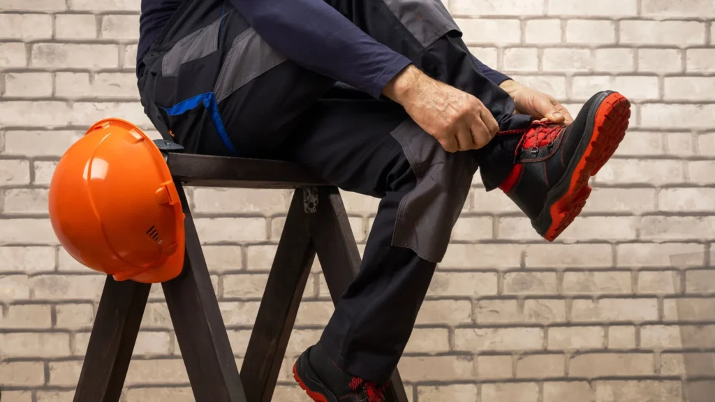 A worker putting on certified industrial safety shoes on a construction site, ensuring compliance with UAE workplace safety rules