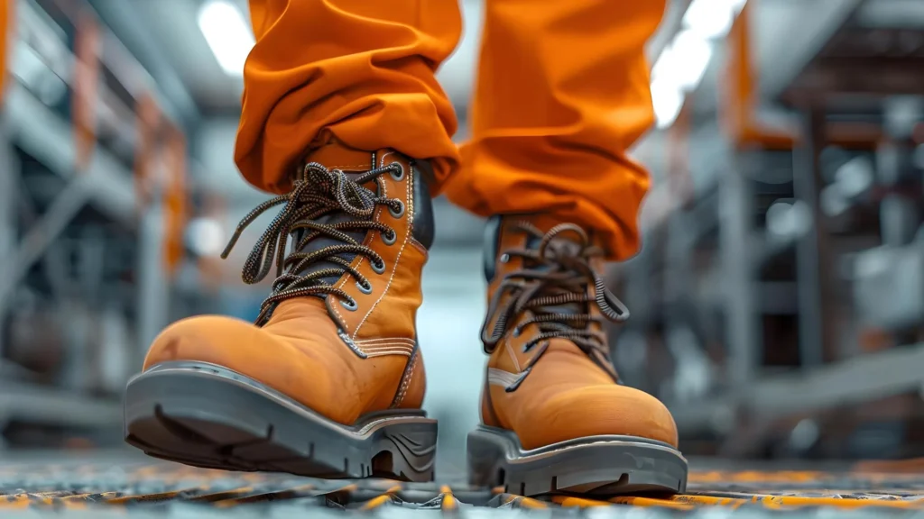 Industrial safety shoes protecting worker feet from sharp objects in a hazardous workplace environment.
