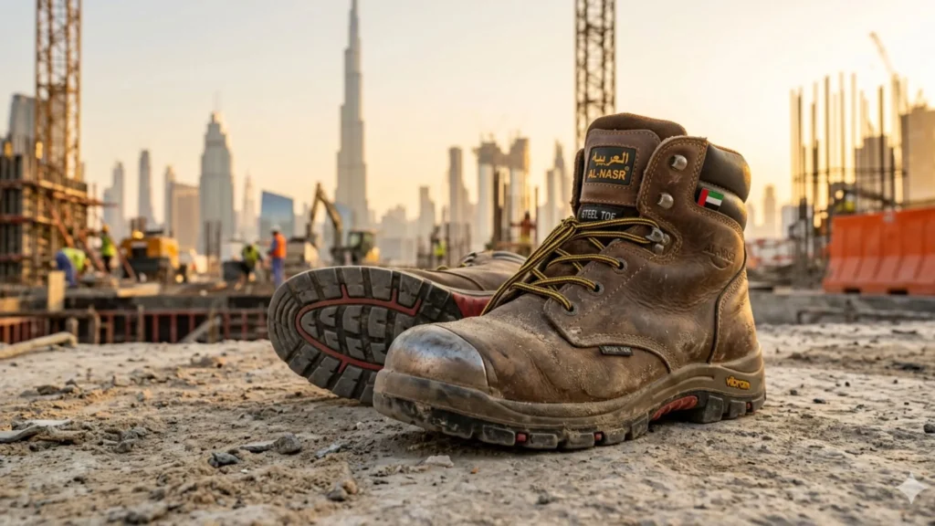 Certified safety shoes with EN ISO 20345 rating label showing S3 SRC codes — safety footwear supplier Dubai UAE