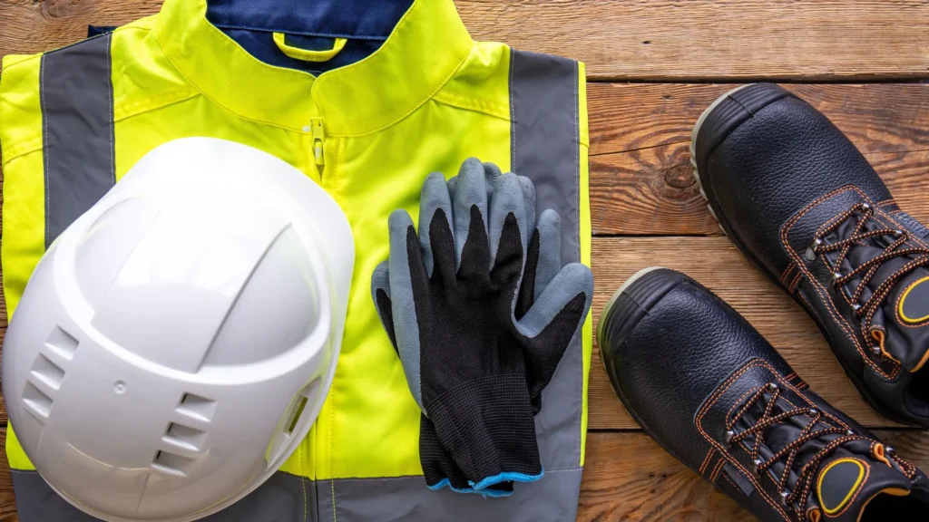 PPE maintenance guide showing safety helmet, hi-vis jacket, gloves and safety boots