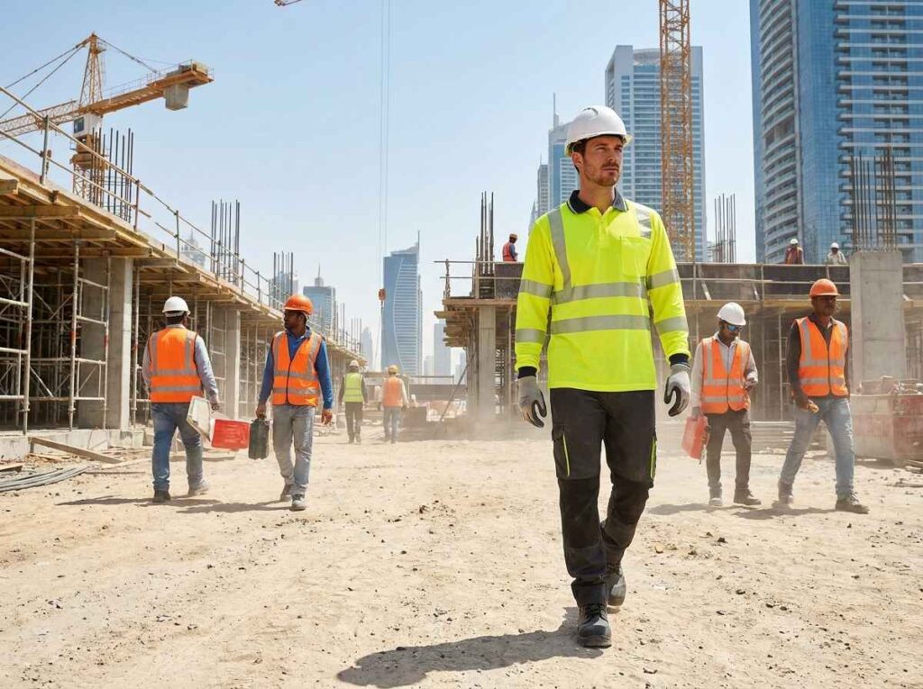 Class 3 hi-vis clothing with reflective strips worn by construction workers on a UAE site